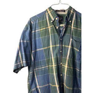 VTG Dockers Men Shirt Medium Indigo Plaid Button Down Casual Cotton Short Sleeve